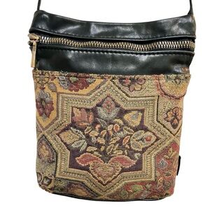 VINTAGE Black Faux Leather Tapestry Carpet Bag Crossbody Purse Pocket Front Boho